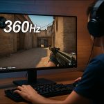 電競玩家正在使用 360Hz 高刷新率螢幕進行第一人稱射擊遊戲（FPS），展示極致流暢的遊戲畫面與動態清晰度。